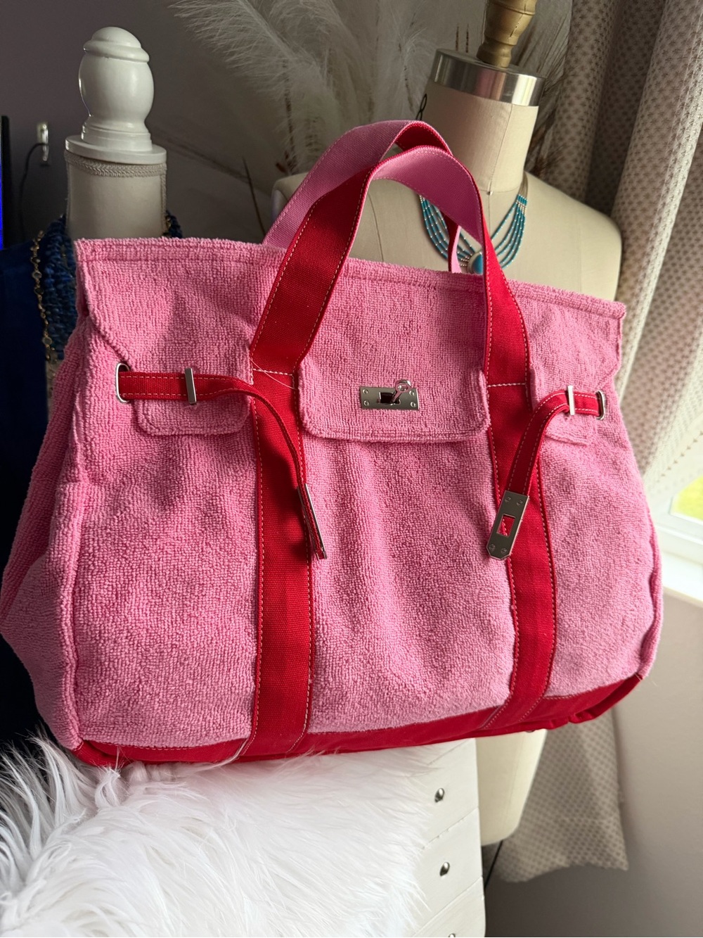 SUNWIN | Large Madaket Bubble Gum/Lobster Red Terry and Cotton Tote Handbag